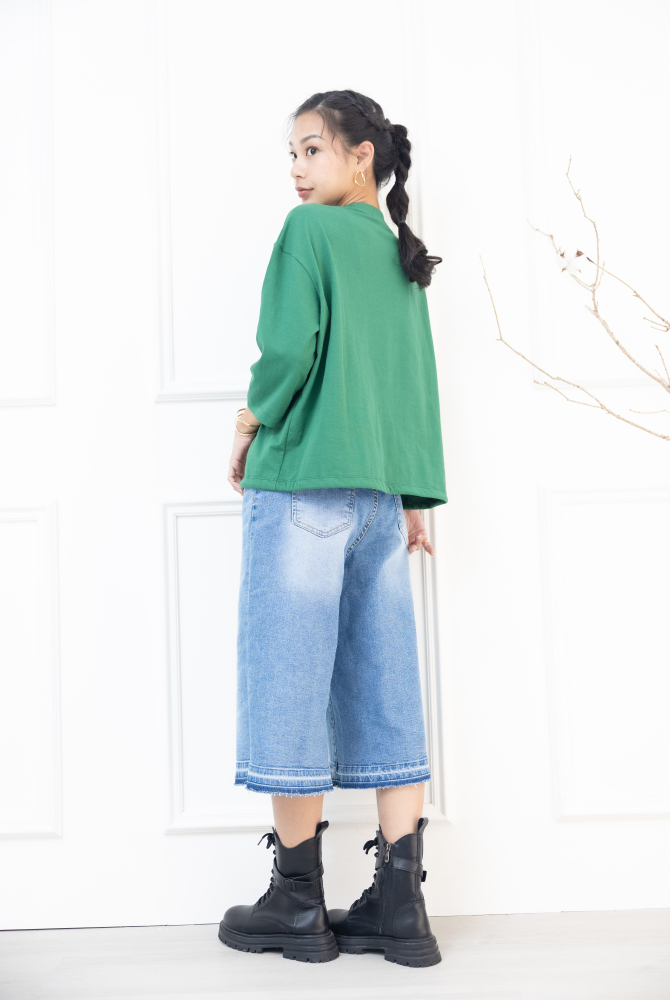 긴팔 左胸口袋刺繡標七分袖上衣 / 綠色