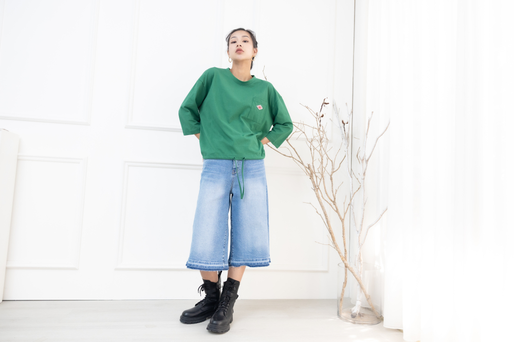 긴팔 左胸口袋刺繡標七分袖上衣 / 綠色