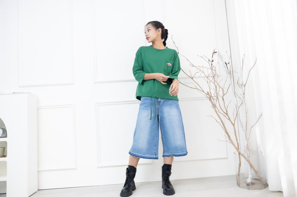 긴팔 左胸口袋刺繡標七分袖上衣 / 綠色