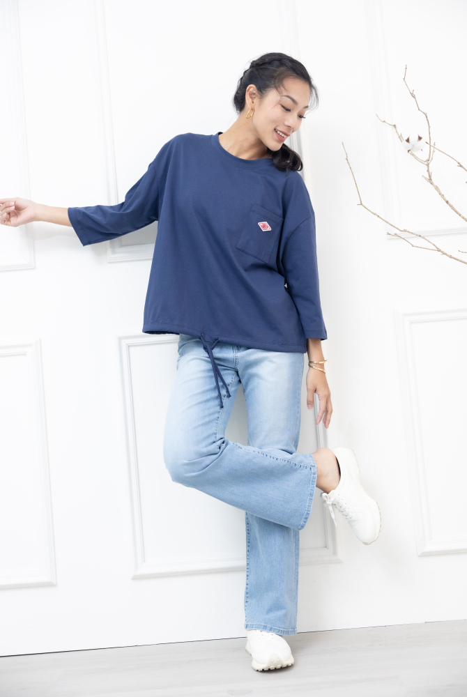 긴팔 左胸口袋刺繡標七分袖上衣 / 深藍色