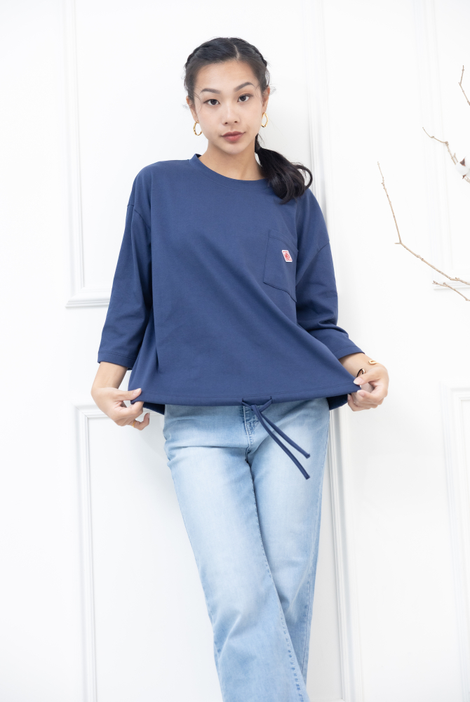 긴팔 左胸口袋刺繡標七分袖上衣 / 深藍色