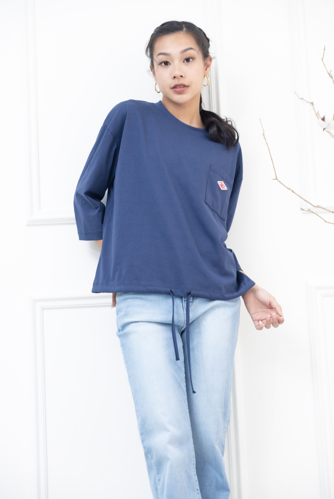 긴팔 左胸口袋刺繡標七分袖上衣 / 深藍色
