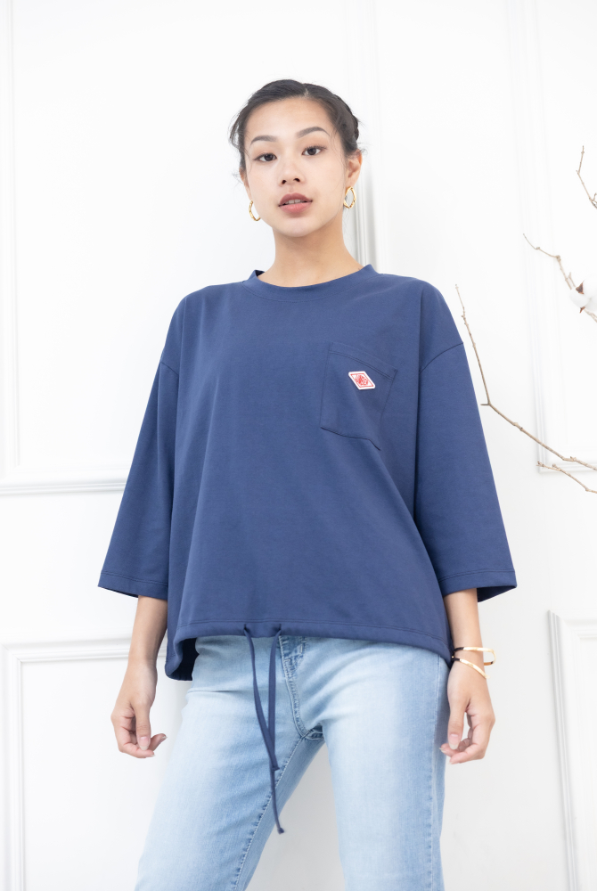 긴팔 左胸口袋刺繡標七分袖上衣 / 深藍色
