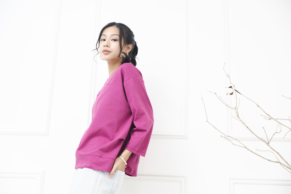 긴팔 素面拚布感七分袖上衣 / 紫色