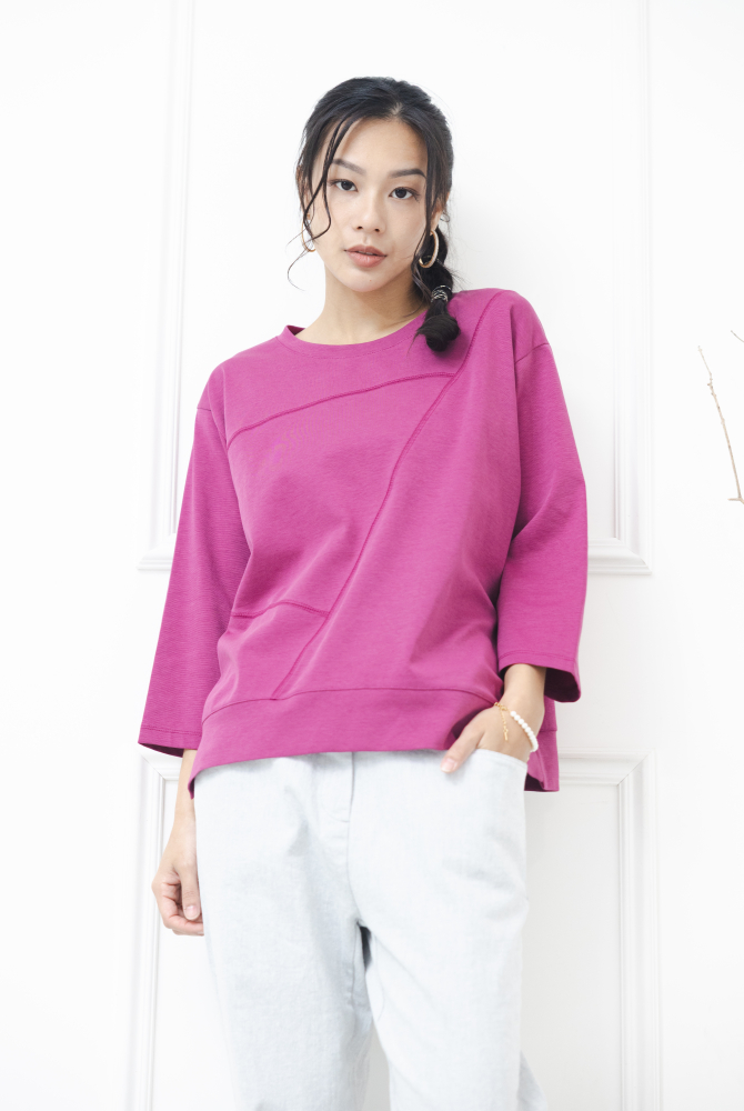 긴팔 素面拚布感七分袖上衣 / 紫色