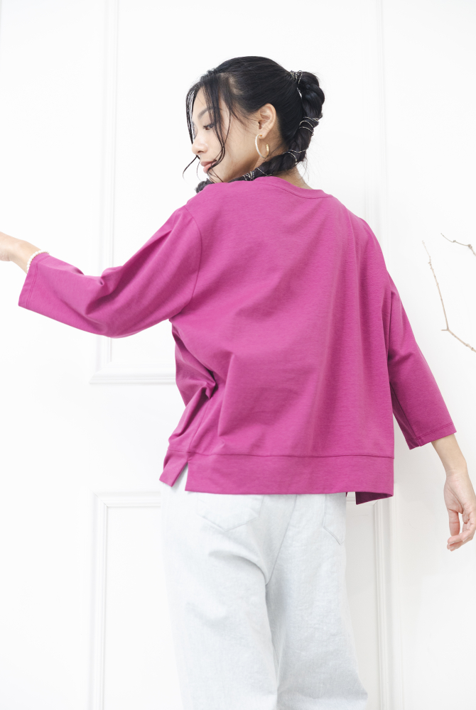 긴팔 素面拚布感七分袖上衣 / 紫色