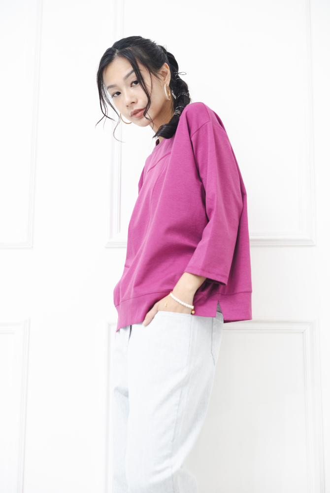 긴팔 素面拚布感七分袖上衣 / 紫色