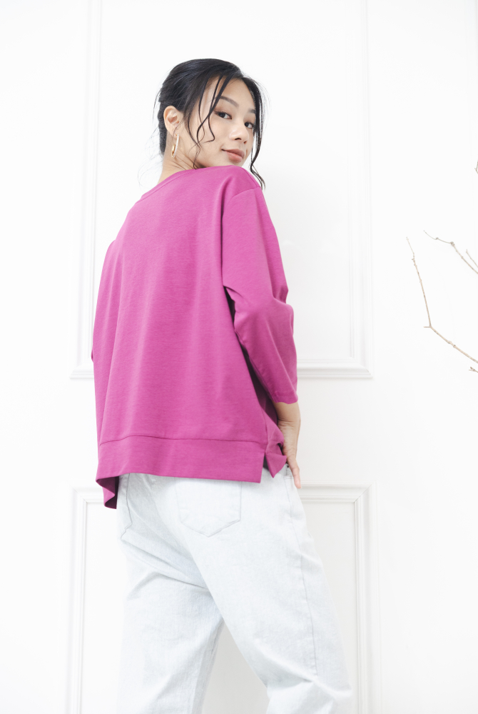 긴팔 素面拚布感七分袖上衣 / 紫色