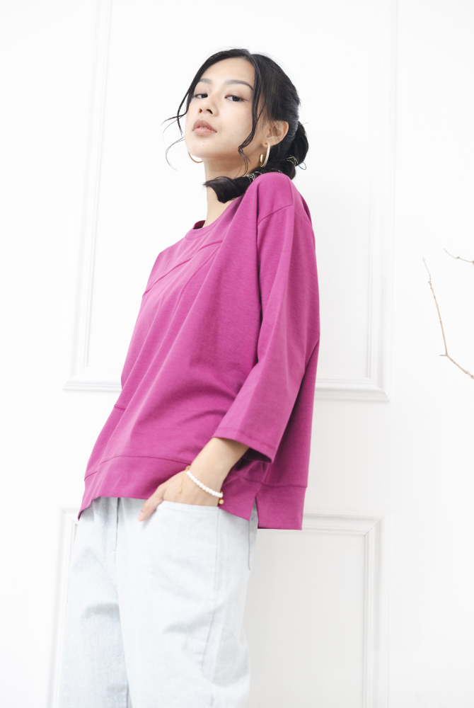 긴팔 素面拚布感七分袖上衣 / 紫色