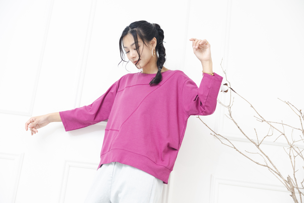 긴팔 素面拚布感七分袖上衣 / 紫色