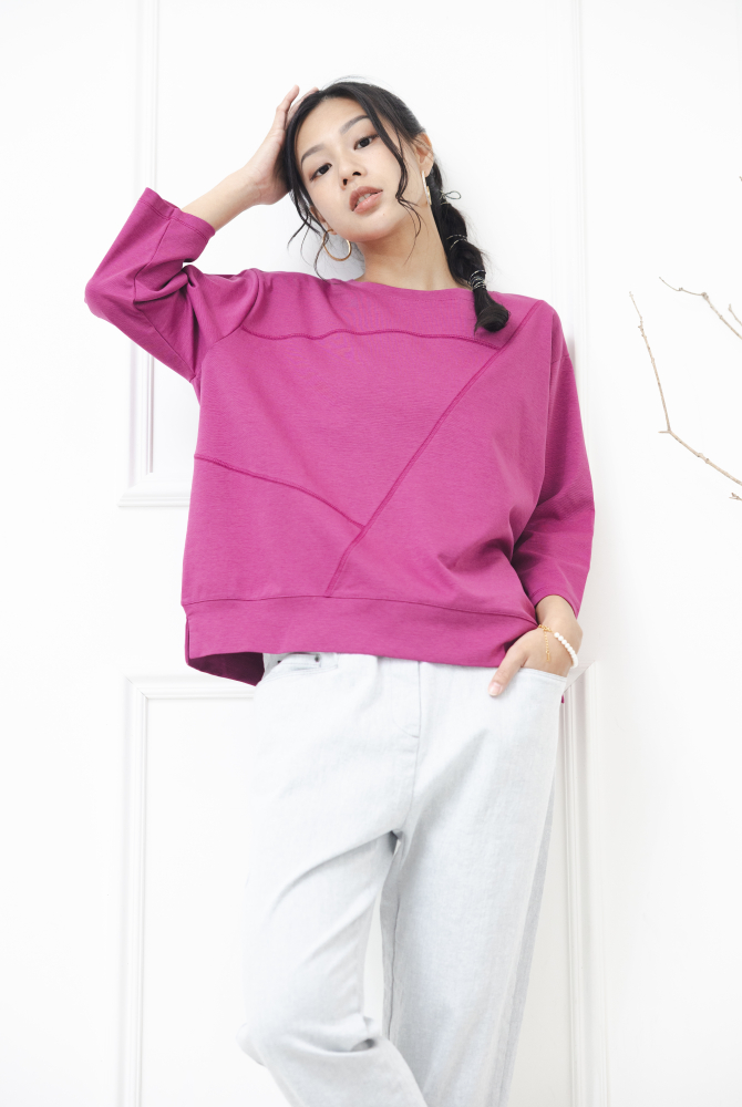 긴팔 素面拚布感七分袖上衣 / 紫色