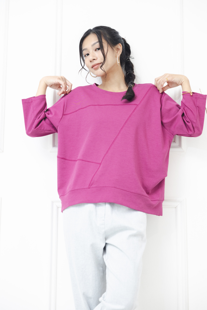 긴팔 素面拚布感七分袖上衣 / 紫色