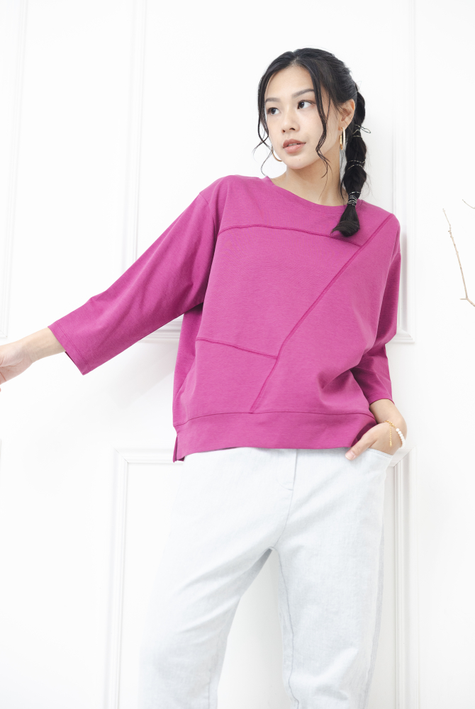 긴팔 素面拚布感七分袖上衣 / 紫色