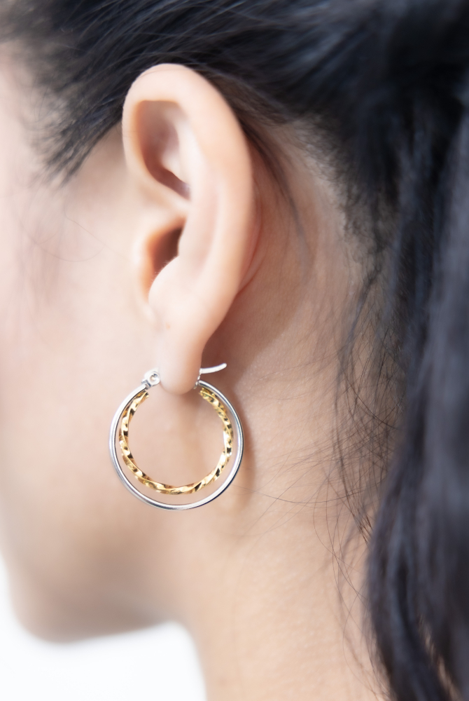 귀걸이 金銀雙色鈕狀圈型耳環