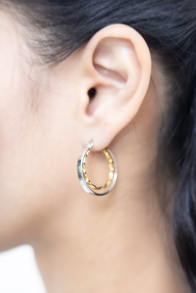 귀걸이 金銀雙色鈕狀圈型耳環