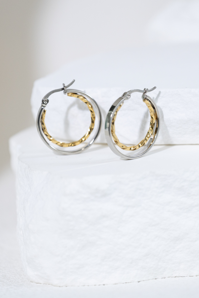 귀걸이 金銀雙色鈕狀圈型耳環