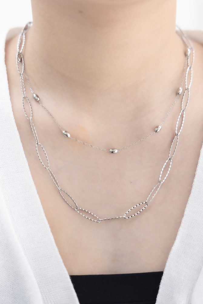 목걸이 小豆橢圓雙層項鍊 / 銀色