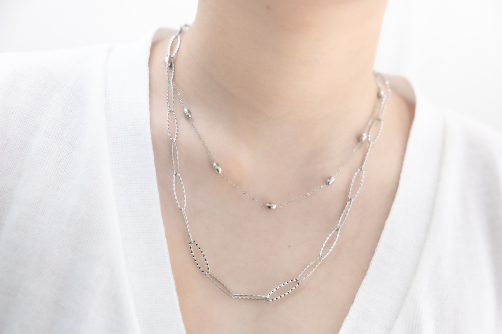 목걸이 小豆橢圓雙層項鍊 / 銀色
