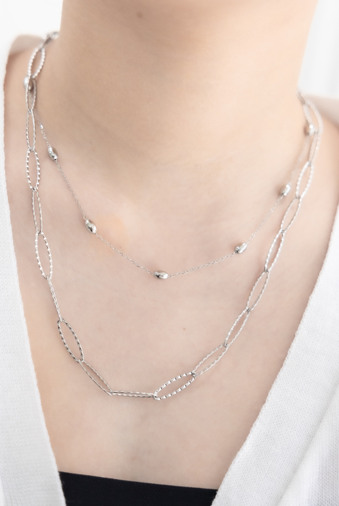 목걸이 小豆橢圓雙層項鍊 / 銀色