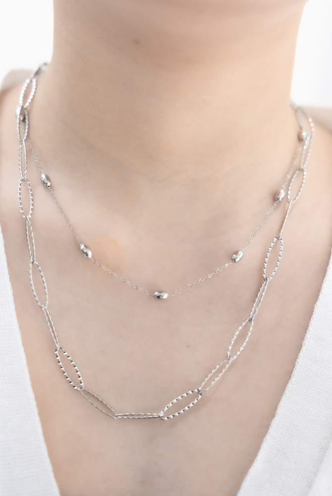 목걸이 小豆橢圓雙層項鍊 / 銀色