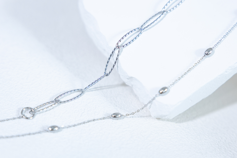 목걸이 小豆橢圓雙層項鍊 / 銀色