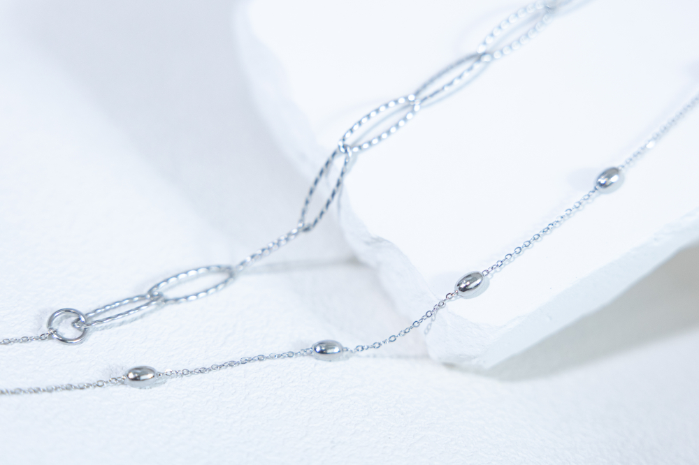 목걸이 小豆橢圓雙層項鍊 / 銀色