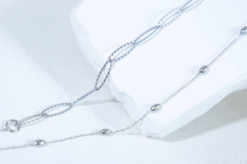 목걸이 小豆橢圓雙層項鍊 / 銀色