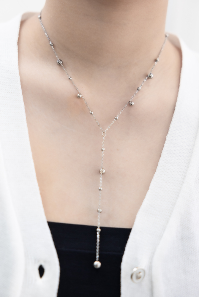 목걸이 大小圓珠間隔Y字鍊 / 銀色