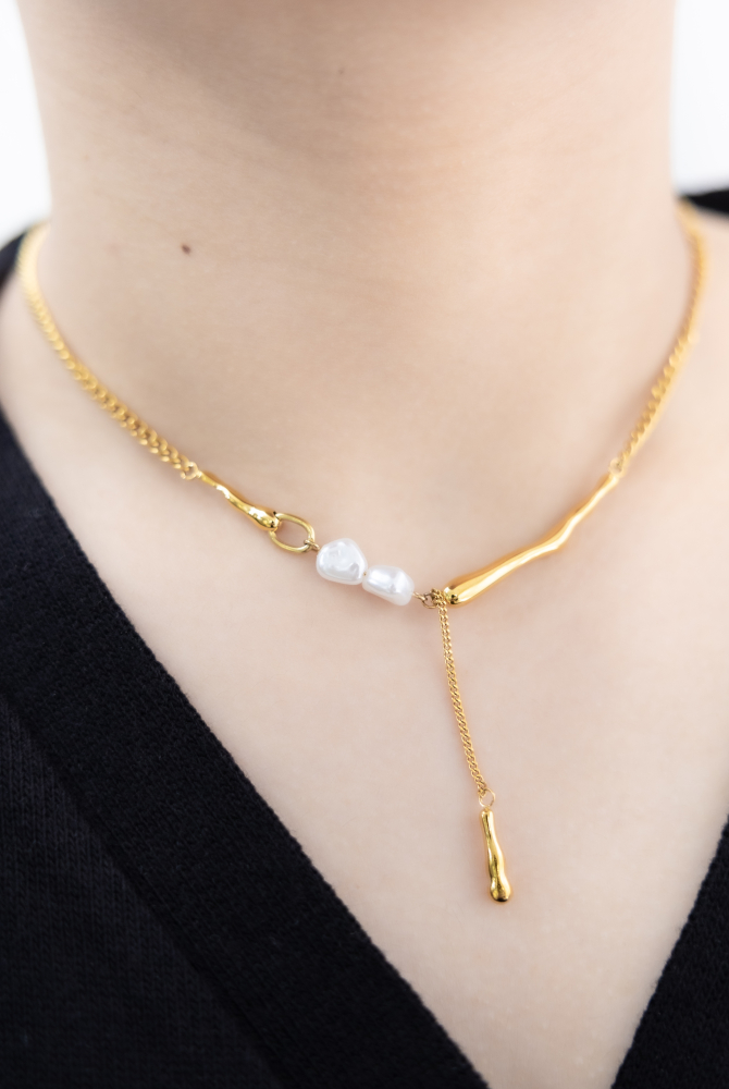 목걸이 小珍珠固定式短Y字鍊墜小柱體喜平鍊 / 金色