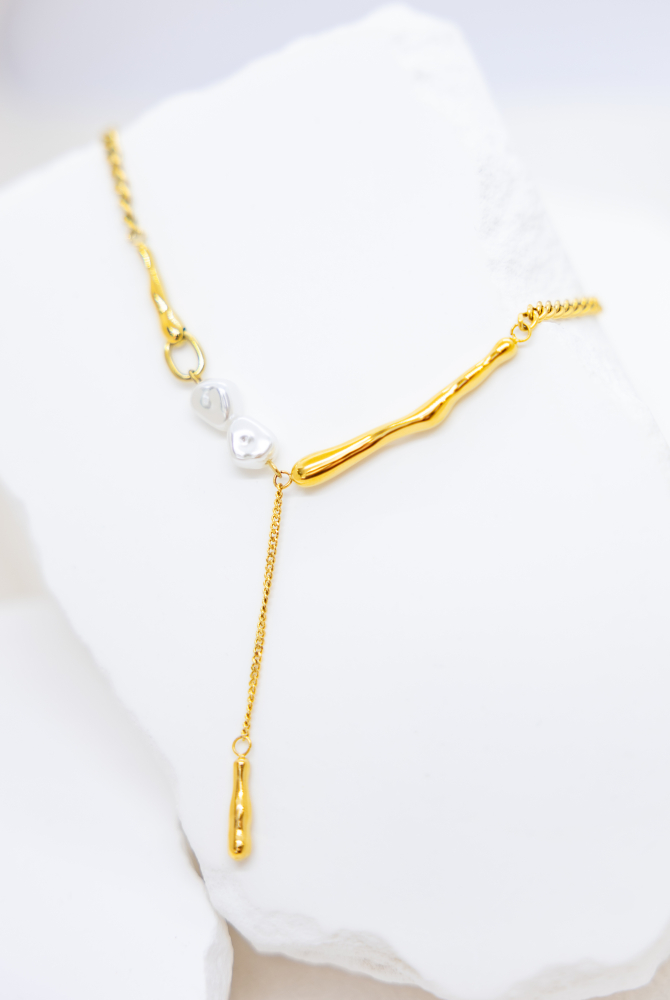 목걸이 小珍珠固定式短Y字鍊墜小柱體喜平鍊 / 金色