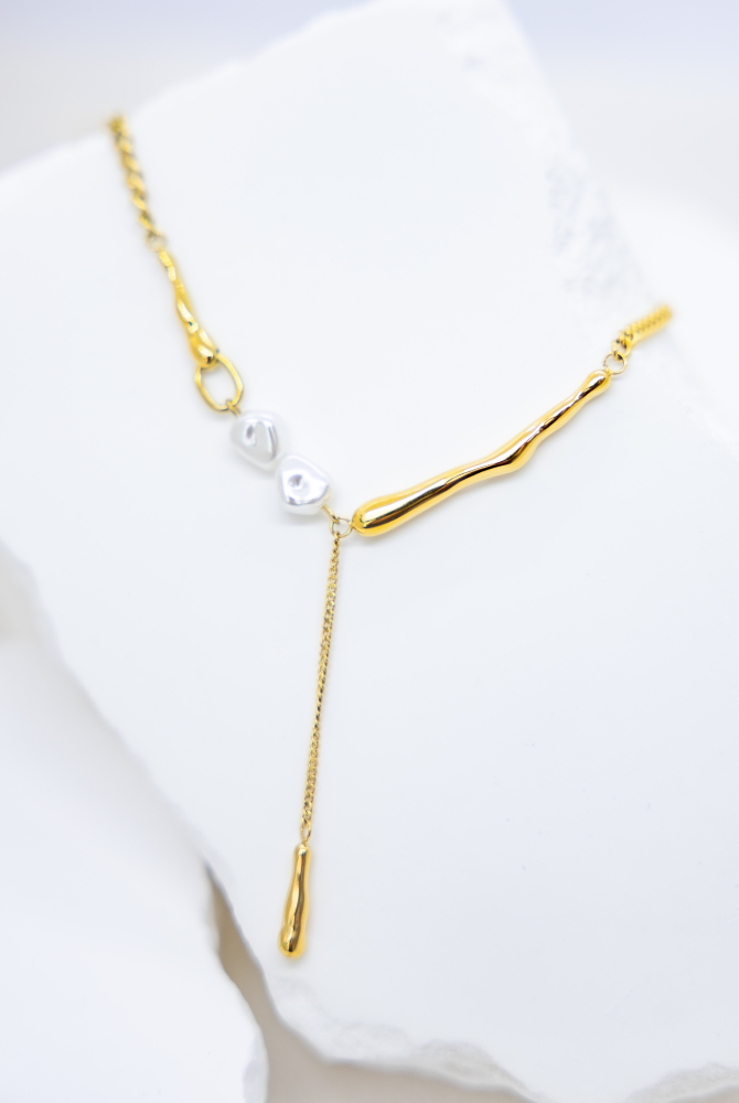 목걸이 小珍珠固定式短Y字鍊墜小柱體喜平鍊 / 金色