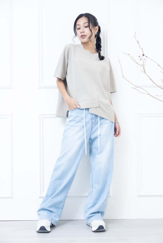 반팔 下擺造型絣接上衣 / 卡其色