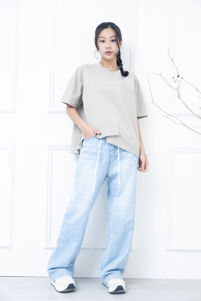 반팔 下擺造型絣接上衣 / 卡其色