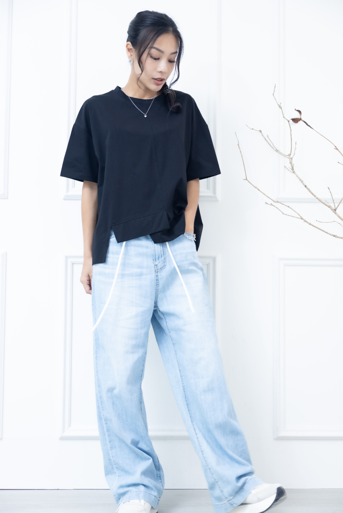 반팔 下擺造型絣接上衣 / 黑色