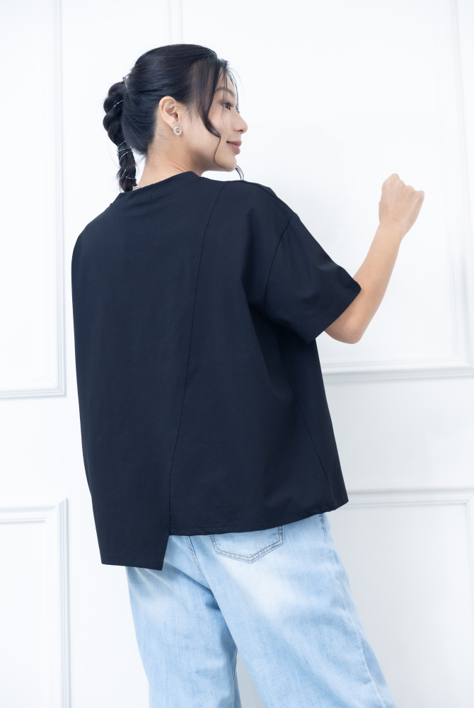 반팔 下擺造型絣接上衣 / 黑色