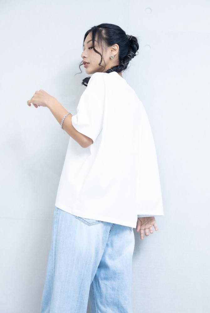 반팔 下擺造型絣接上衣 / 白色