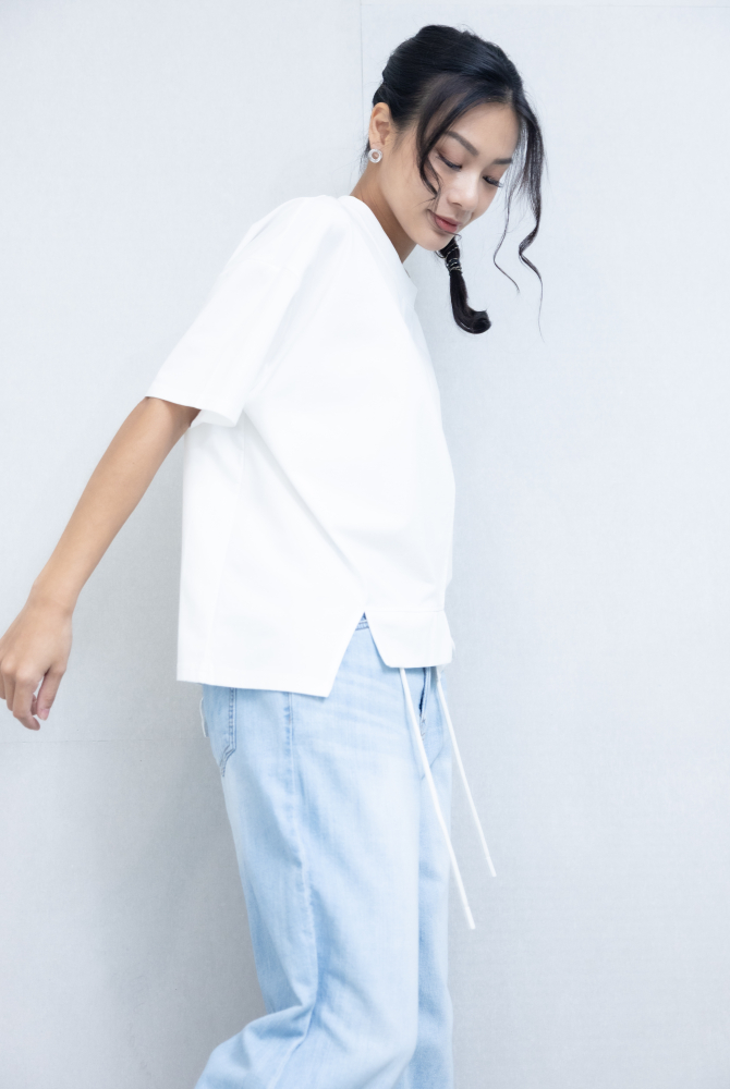반팔 下擺造型絣接上衣 / 白色