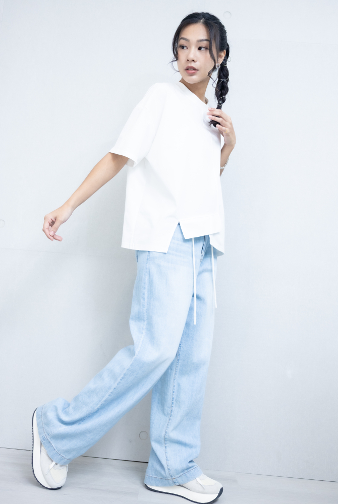반팔 下擺造型絣接上衣 / 白色