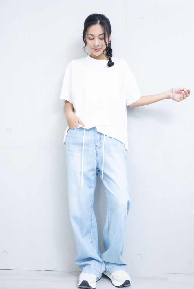 반팔 下擺造型絣接上衣 / 白色