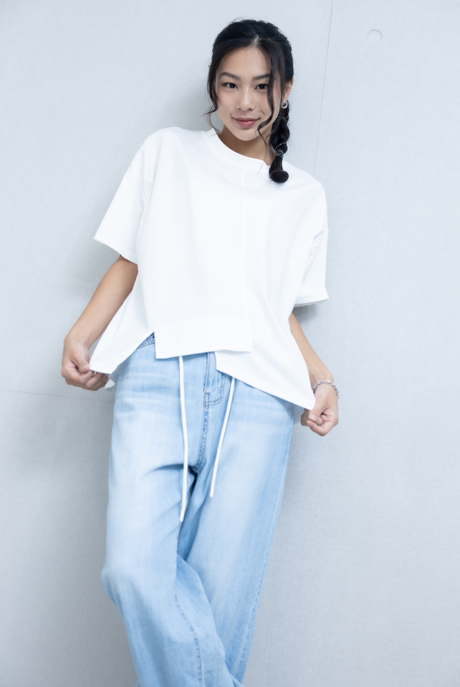 반팔 下擺造型絣接上衣 / 白色