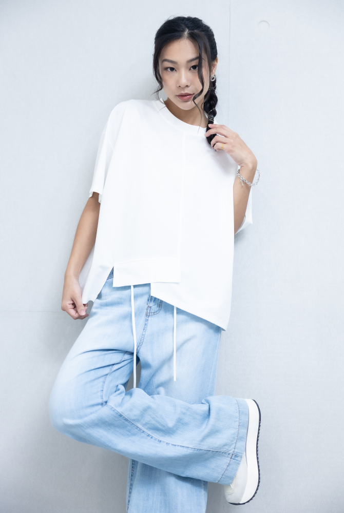 반팔 下擺造型絣接上衣 / 白色