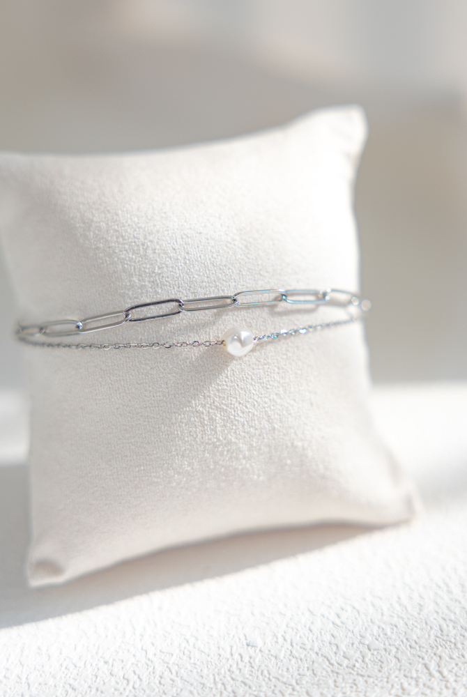 팔찌 單顆珍珠橢圓鍊雙層鍊 / 銀色