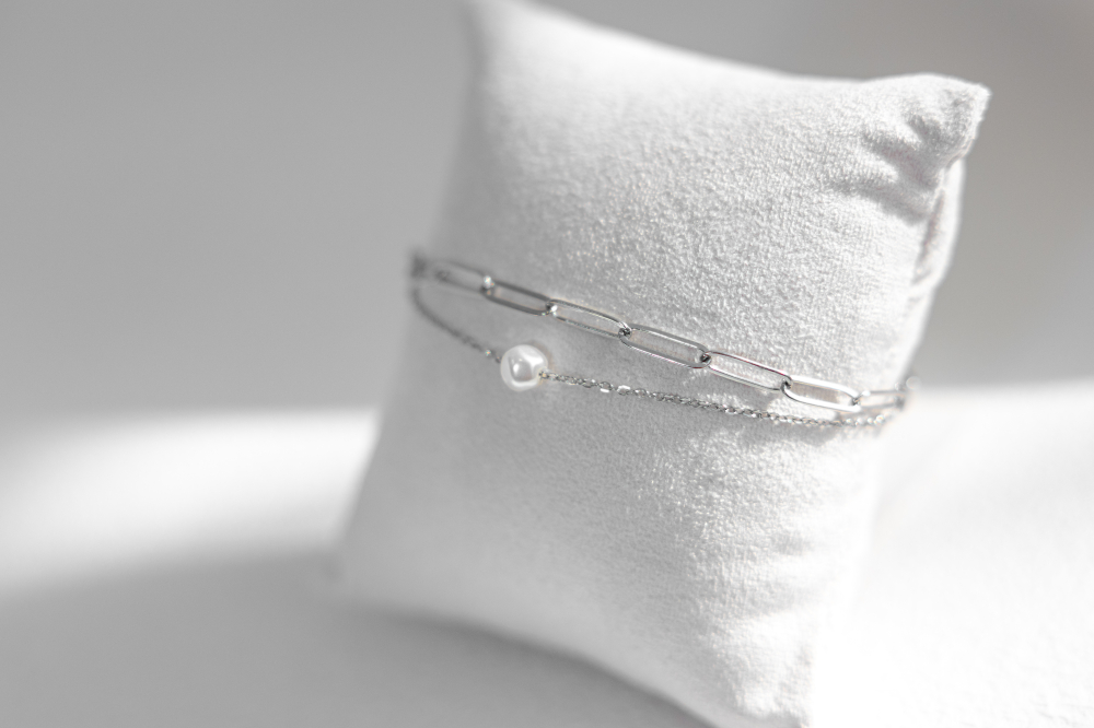 팔찌 單顆珍珠橢圓鍊雙層鍊 / 銀色