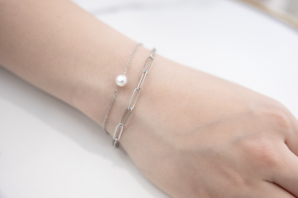 팔찌 單顆珍珠橢圓鍊雙層鍊 / 銀色