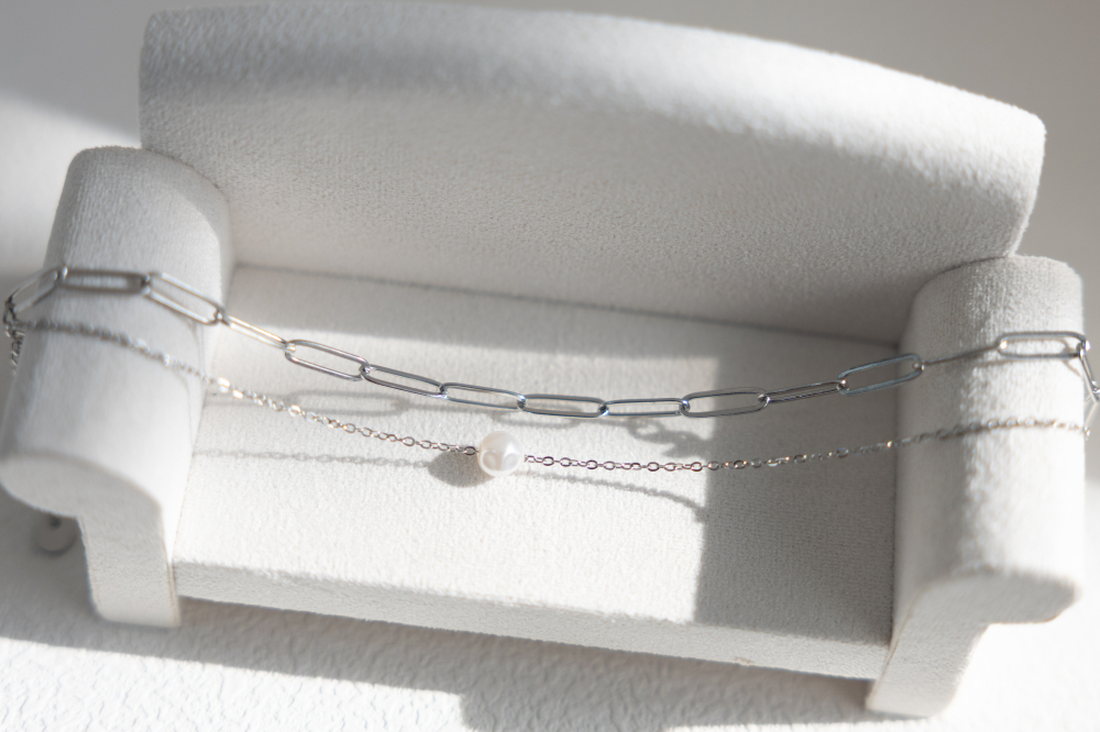 팔찌 單顆珍珠橢圓鍊雙層鍊 / 銀色