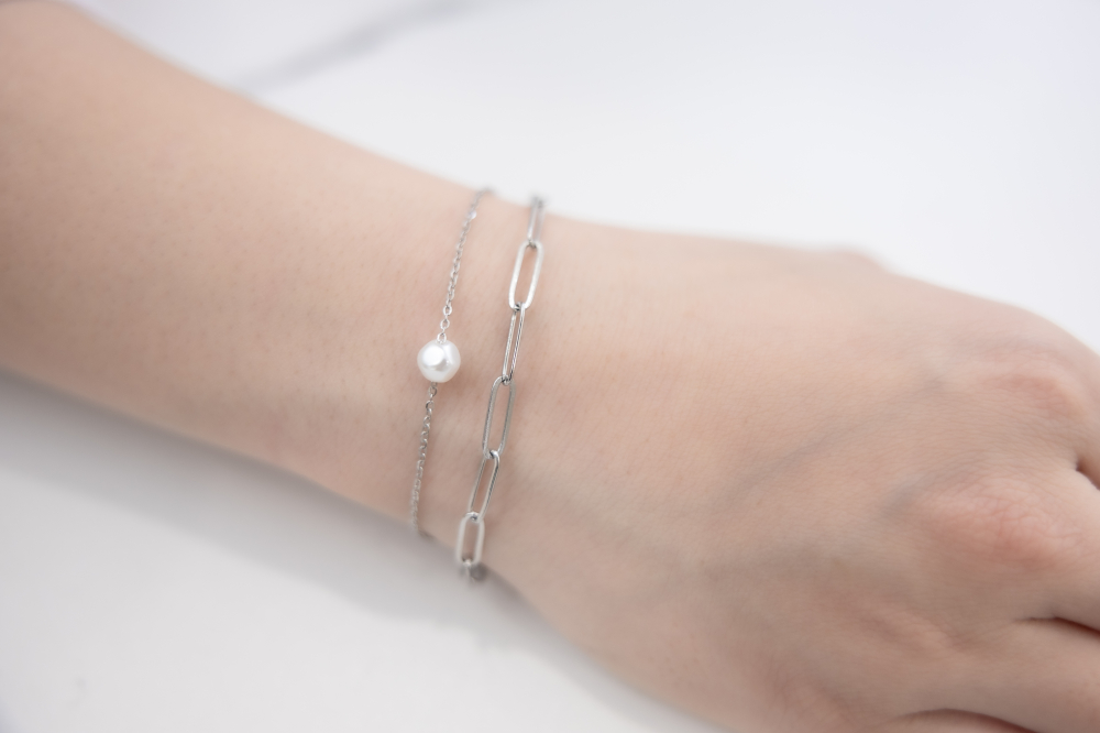 팔찌 單顆珍珠橢圓鍊雙層鍊 / 銀色