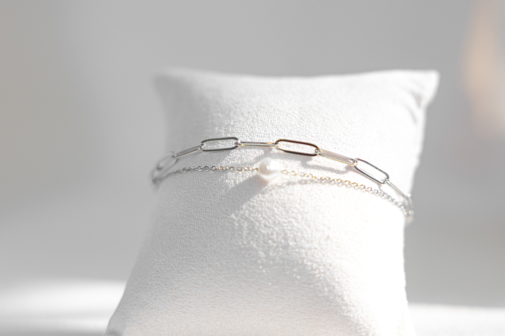 팔찌 單顆珍珠橢圓鍊雙層鍊 / 銀色