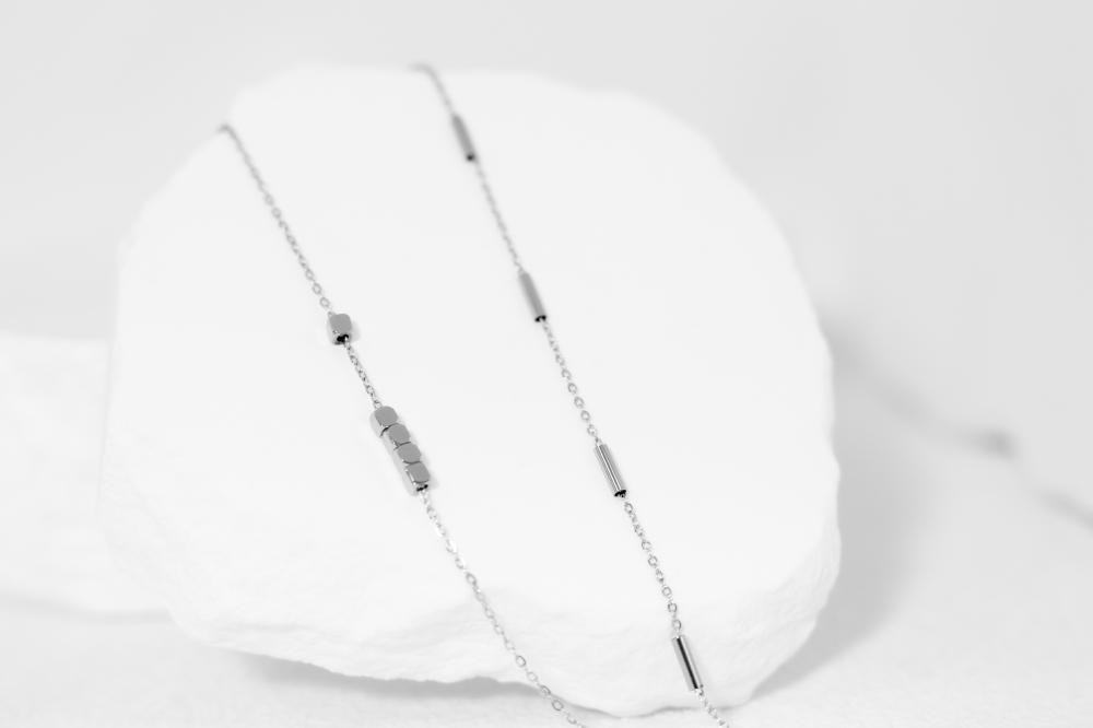 팔찌 圓柱體.小方塊雙層鍊 / 銀色