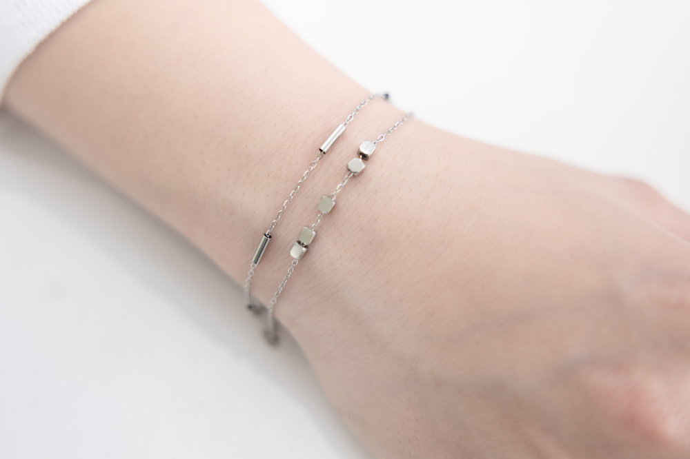 팔찌 圓柱體.小方塊雙層鍊 / 銀色