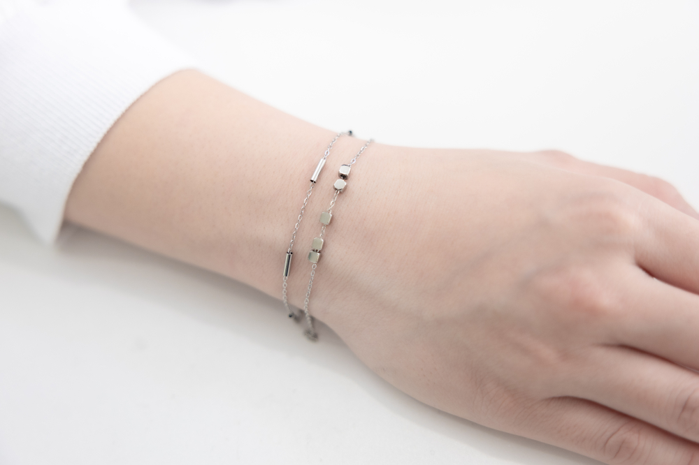 팔찌 圓柱體.小方塊雙層鍊 / 銀色